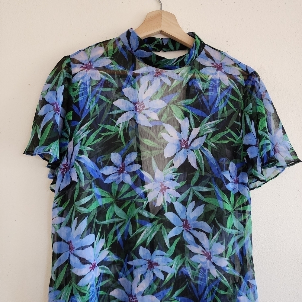 2/$20 Forever 21 Blue Green Floral Print Semi Sheer A Line Dress Size - Picture 8 of 16